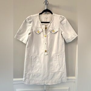 Isabel Marant Etoile Ivory Denim Mini Dress Textured Gold Button Short Sleeve